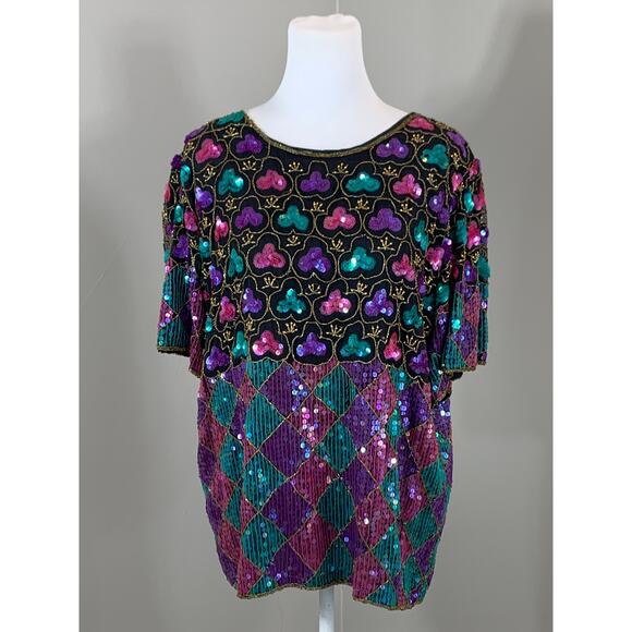 Vintage Harlequin Sequin Top Evening Cocktail Holiday Party Christmas Wedding - Picture 10 of 12